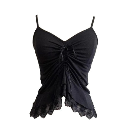 Women’s Grunge Punk Gothic Camisole Top – Y2K V-Neck Bow Lace Slim Fit Crop Cami Streetwear