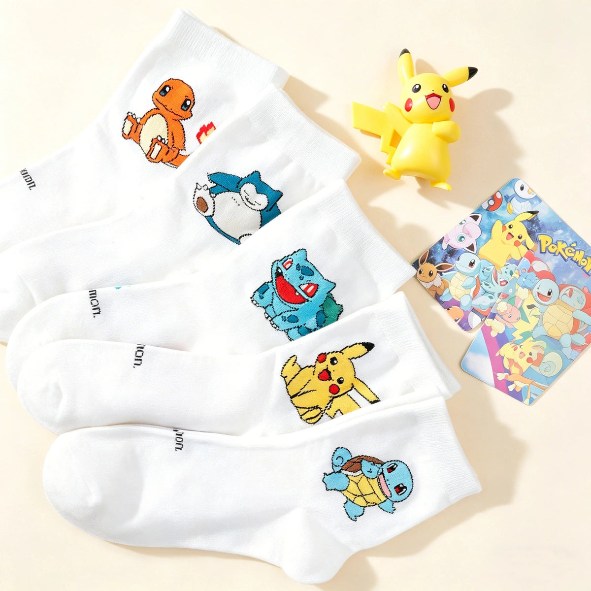 5 Pairs Women's Pokemon Cartoon Socks - Cute Cotton Mid-Calf Crew Socks with Colorful Graffiti Prints