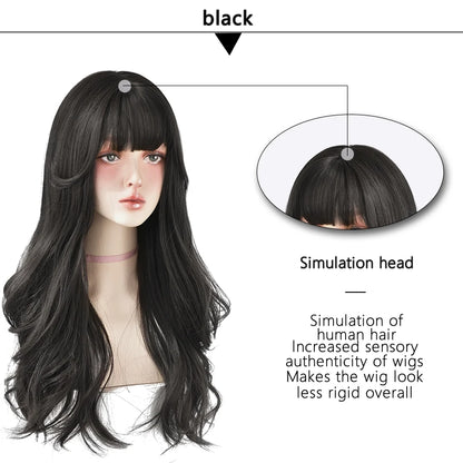 7JHH Brown Ash Long Deep Wave Lolita Wig for Women — Synthetic Hair with Bangs, Thick Curly Fashion Wig