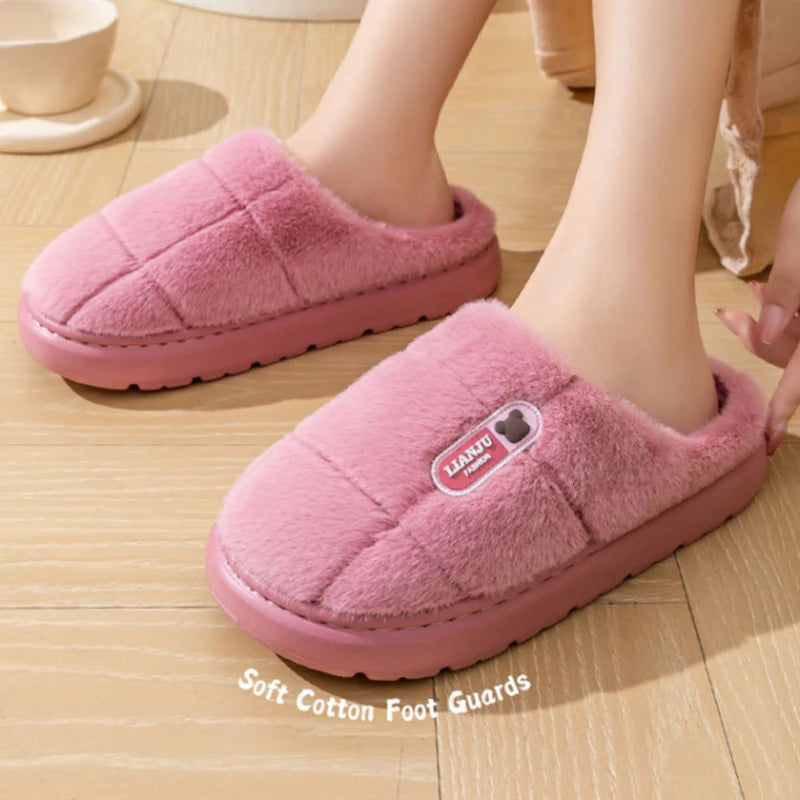 Large Size 50-51 Winter Slippers — Thick Sole Indoor Cotton Slippers for Men & Women, Warm Non-Slip Platform Shoes