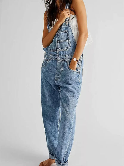Women’s Denim Overalls - Loose Fit Stretchy Bib Jumpsuit with Tapered Leg Casual Jean Pants