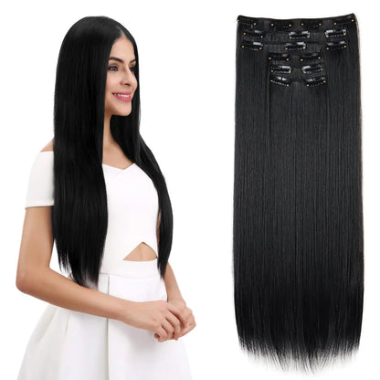 24-Inch 16 Clips-in Hair Extensions – Long Straight Synthetic Blonde & Black Hairpieces, Heat Resistant for Daily Use