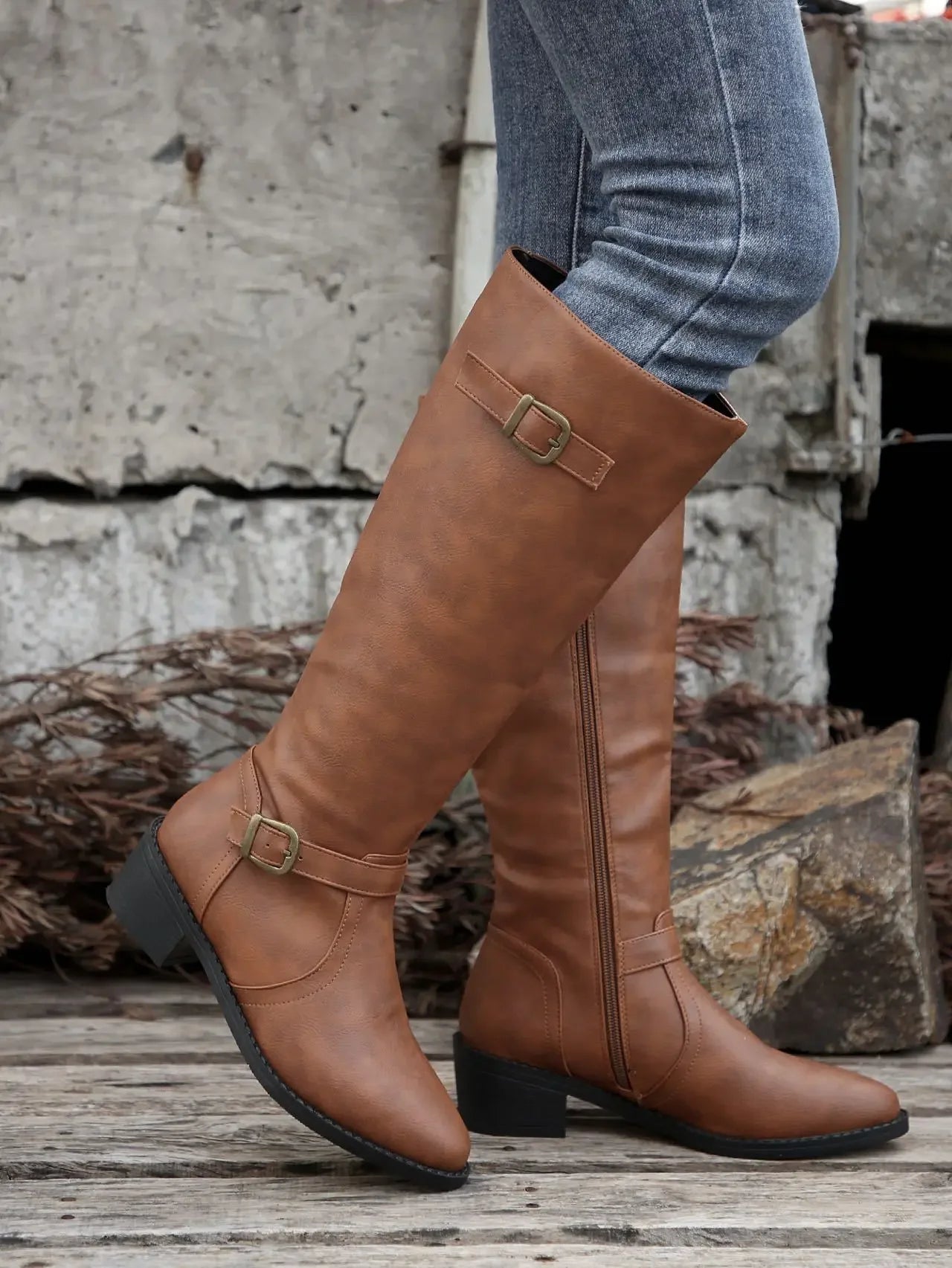 Women’s Winter High-Top Knight Boots – Side Zipper & Belt Buckle, Pointed Toe, PU Material with Cotton Lining