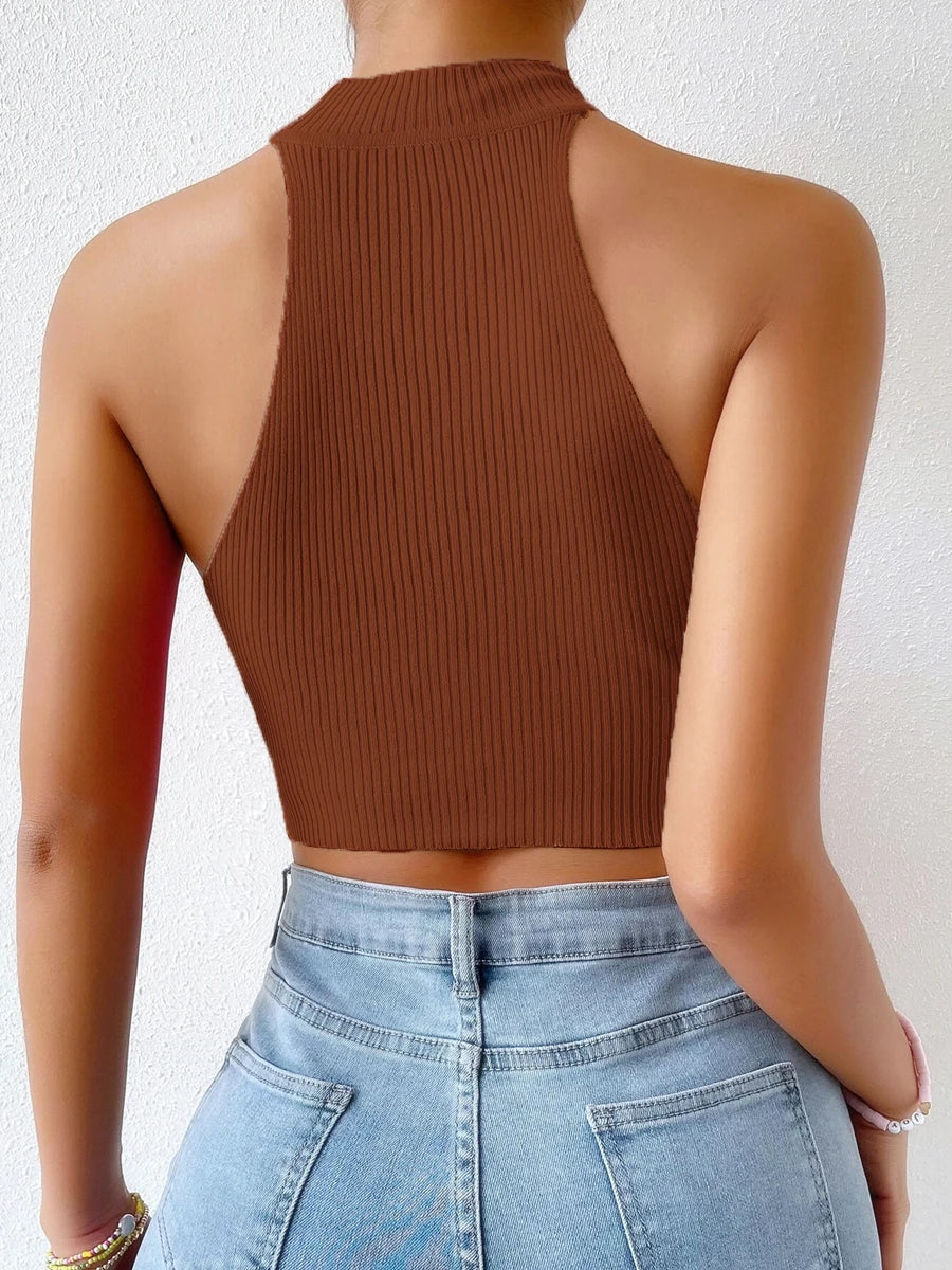 2025 Women’s Ribbed Knit Sleeveless Crop Top – Sexy Solid Halter Corset Tank for Casual, Crossfit & Y2K Fashion