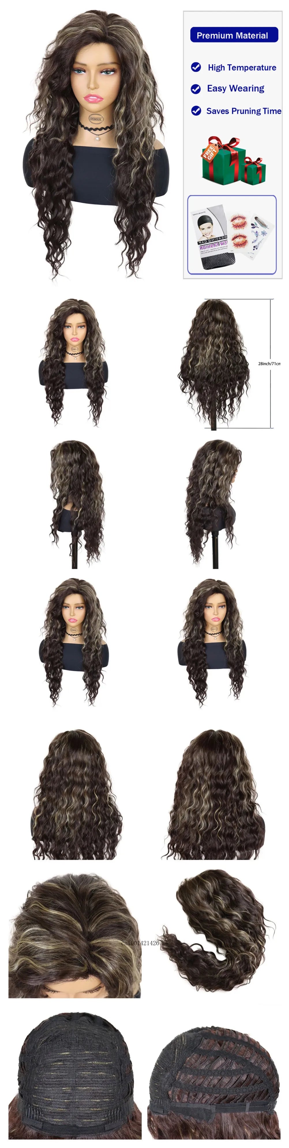 Ash Blonde Synthetic Wig – 26" Long Curly Ombre Hair, Fluffy Wave Wig for Women, Costume & Party Wig