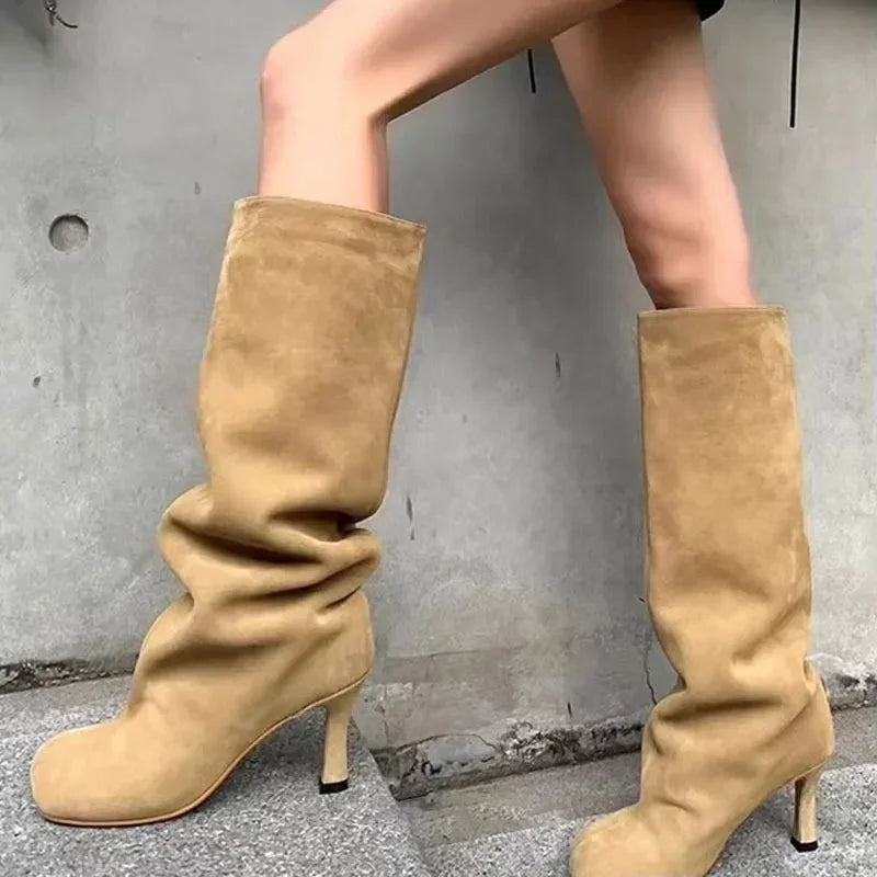 Women’s Suede Wide-Calf Knee-High Boots – Square Toe Stiletto Pull-On Riding Style Casual Chic Footwear