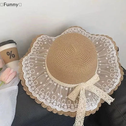 Funny Women’s Lace Straw Hat – Wide Brim Floppy Beach Sun Hat with Solid Fringe, Summer Outdoor Cap