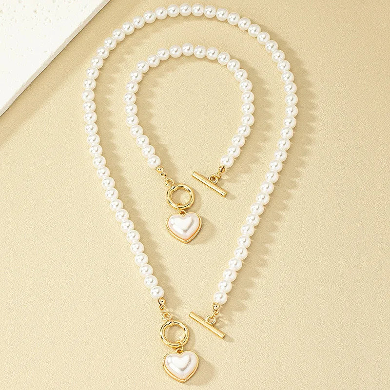 Pearl Heart Jewelry Set for Women - 2-Piece Necklace & Bracelet Imitation Pearl Chain Set