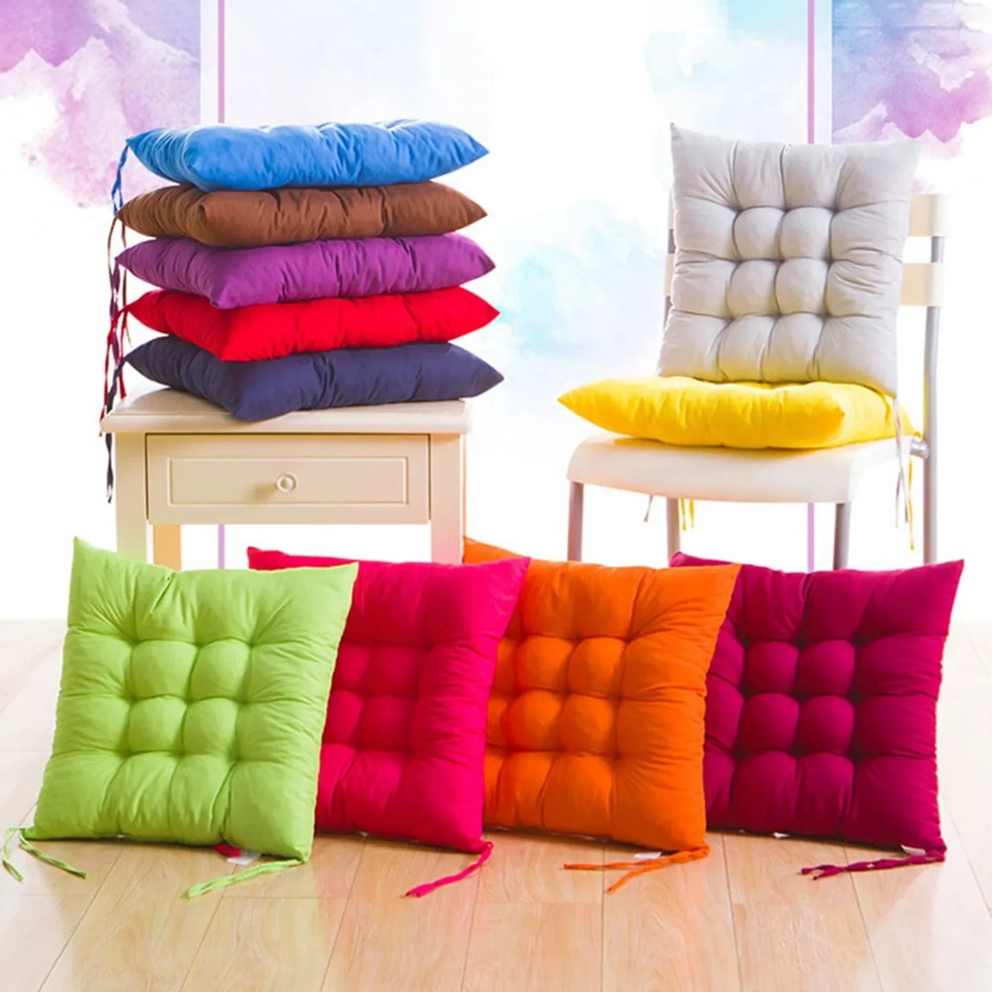 Solid Square Chair Cushion – Seat Pad with Anti-Skid Strap, Indoor & Outdoor Sofa Pillow for Home, Office & Car
