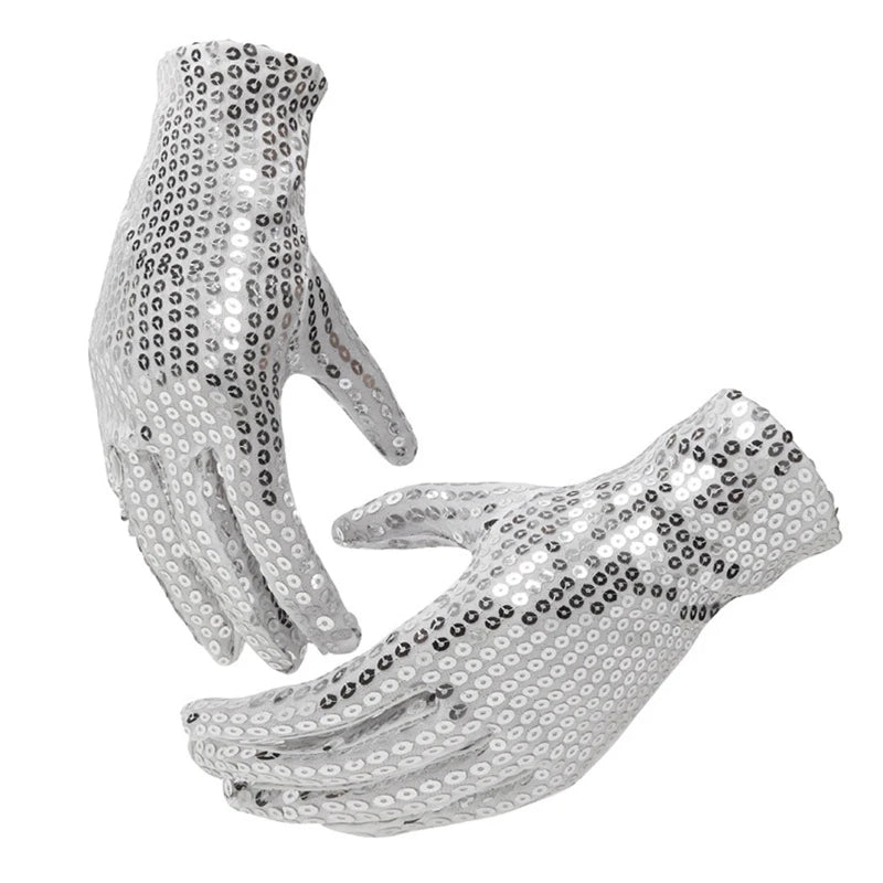 Internet Celebrity Sequined Gloves — Short Fashion Stage Performance Mittens in Black, Silver, Red, Yellow & Blue