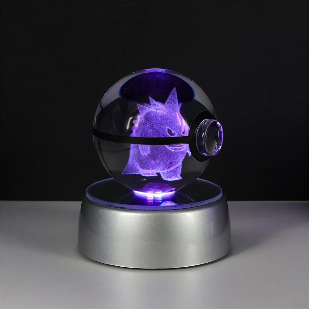 Pokémon 3D Crystal Ball LED Night Light – Pikachu Gengar Eevee Mewtwo Pokéball Base Lamp Kids Birthday & Home Decor Gift