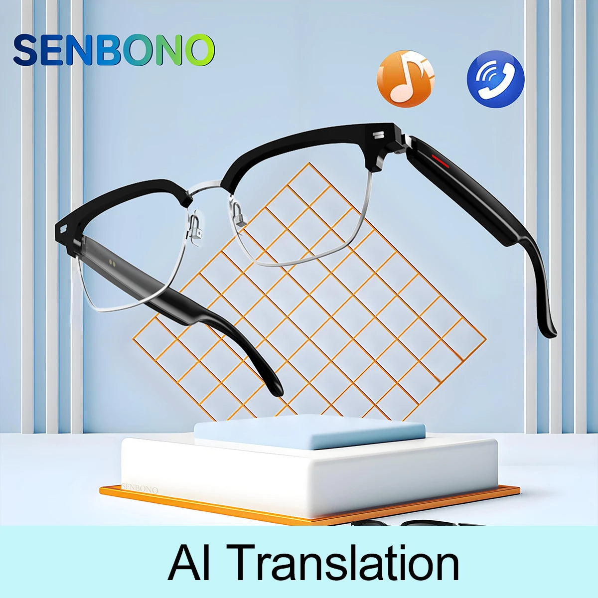 SENBONO Smart AI Translation Glasses – Real-Time Translation in 100+ Languages with Bluetooth Music, Built-in Mic & Speakers