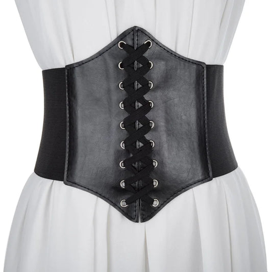Women's Punk PU Leather Corset Belt - Wide Elastic High-Waist Waist Cincher
