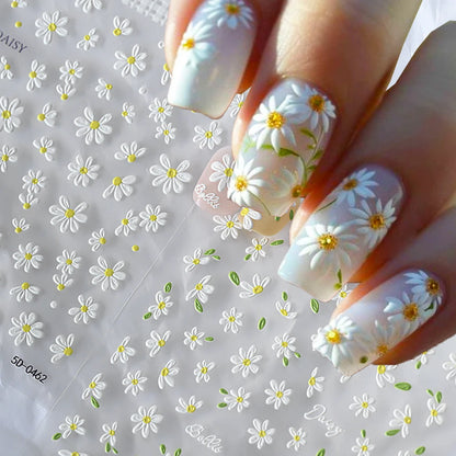 5D Daisy Nail Art Stickers - White Flower & Green Leaf Embossed Decals for DIY Spring Summer Nail Decoration