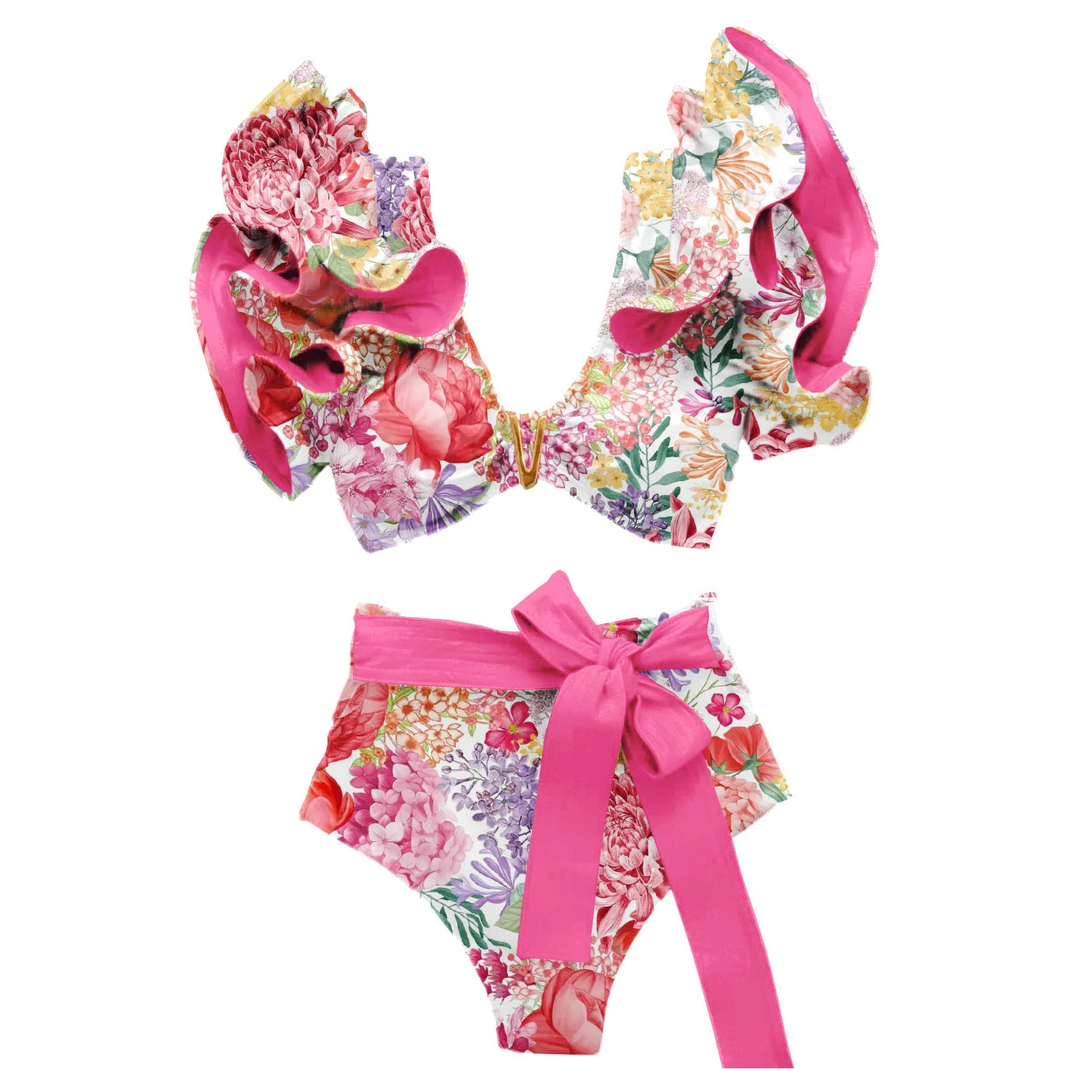 Sporlike V-Neck Ruffled Bikini Set – High Waist Sexy Printed Two-Piece Swimsuit for Women 2025