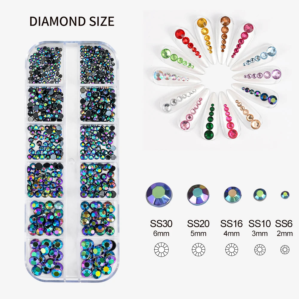 12-Grid Mixed Nail Rhinestones SS6-SS30 – Shiny Flat-Back Gems in Clear, Gold, Pink & Blue for Nail Art Decoration