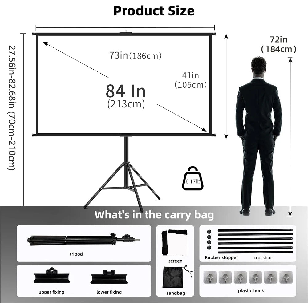 Foldable 16:9 Projector Screen with Stand – Wrinkle-Free 60–120" Portable Home Theater Indoor/Outdoor Screen