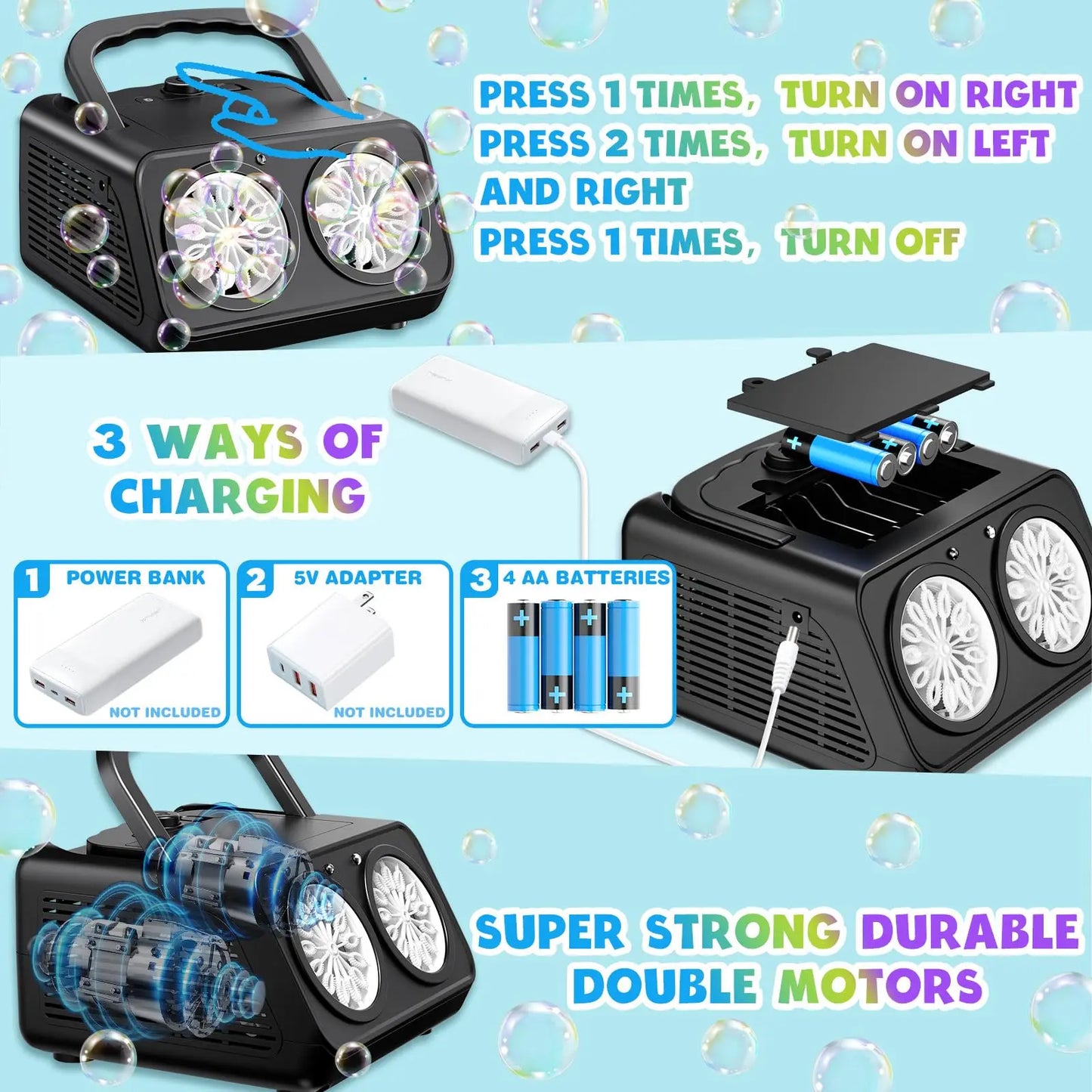 Automatic Bubble Machine with 2 Fans - Creates 20000+ Bubbles Per Minute - Portable Bubble Blower for Kids - Upgraded Bubble Maker