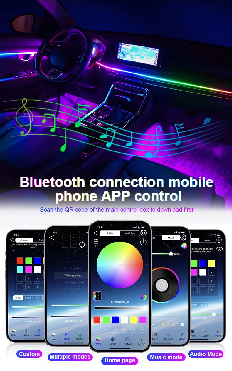 10/14/18-in-1 LED Car Ambient Lights – 213 64 Color RGB Bluetooth Rainbow Acrylic Strips, Atmosphere Lamp Kit 12V