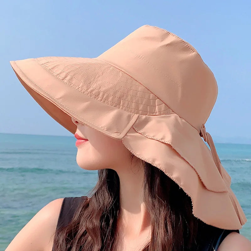Stylish Women's Summer Sun Hat: Wide Brim UV Neck Protection Bucket Hat - Foldable Panama Cap for Beach, Travel, and Outdoor Adventures