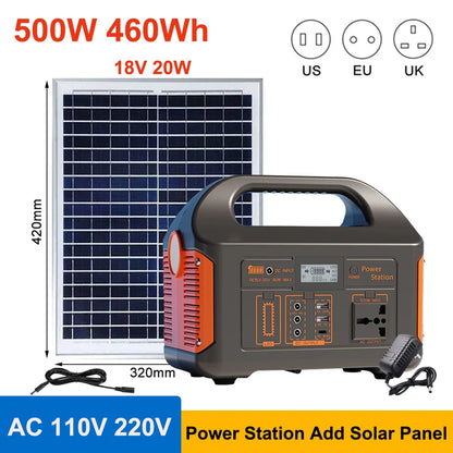 300W/500W Portable Solar Power Station – 460Wh LiFePO4 Battery Energy Storage with 110V/220V Output & LED for Camping, RV, and Travel