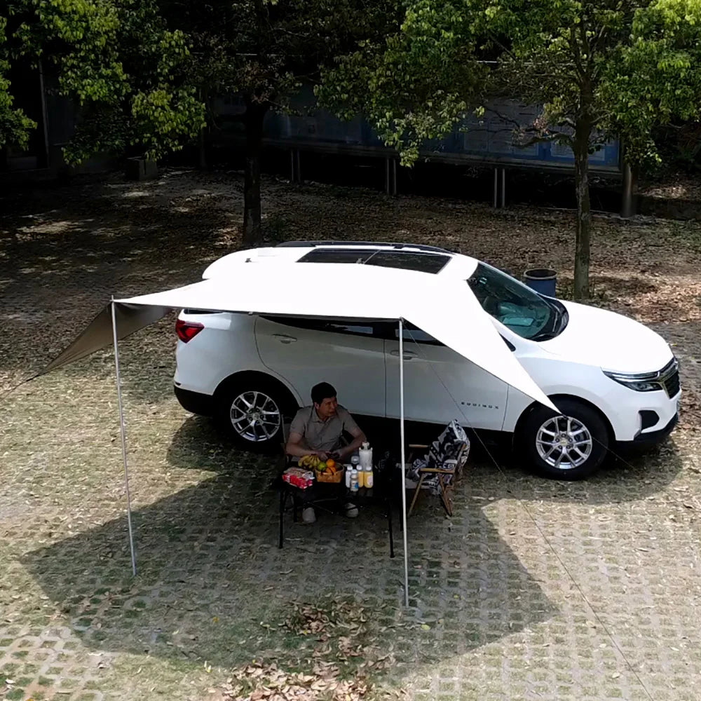 Manta Ray Car Side Awning – Black Coating Tarp with Suction Cup Anchor, Waterproof UV Protection for Outdoor Camping & SUV Shade