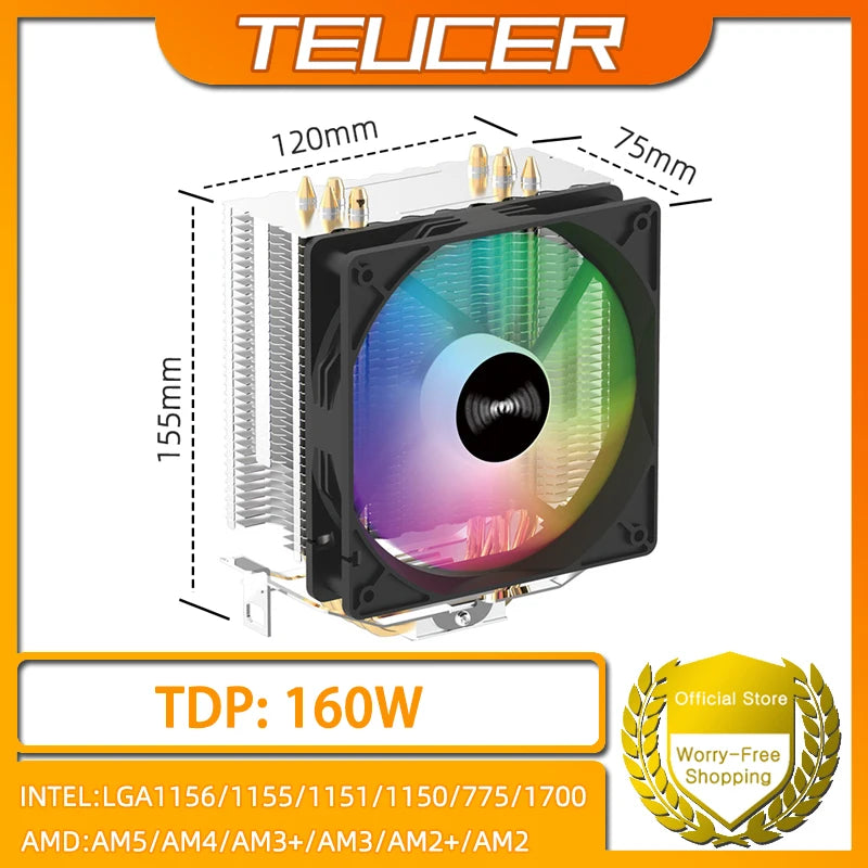 TEUCER CPU Cooler — 4 Heat Pipe Radiator with 3-Pin PWM Silent RGB Fan for Intel LGA 1700/1150/1155/1156/1366 & AMD AM2/AM3/AM4