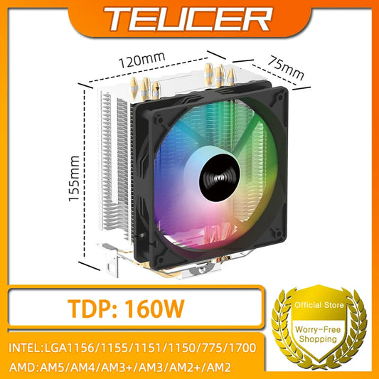 TEUCER CPU Cooler — 4 Heat Pipe Radiator with 3-Pin PWM Silent RGB Fan for Intel LGA 1700/1150/1155/1156/1366 & AMD AM2/AM3/AM4