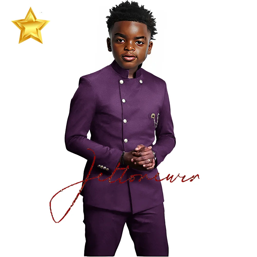 African Style Boys Suit - Stand Collar Blazer and Pants 2 Piece Casual Business Kids Formal Wear