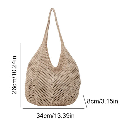 Fashion Women’s Hollow Woven Shoulder Bag – Large Capacity Crochet Tote, Solid Knitting Mesh Handbag for Summer & Beach