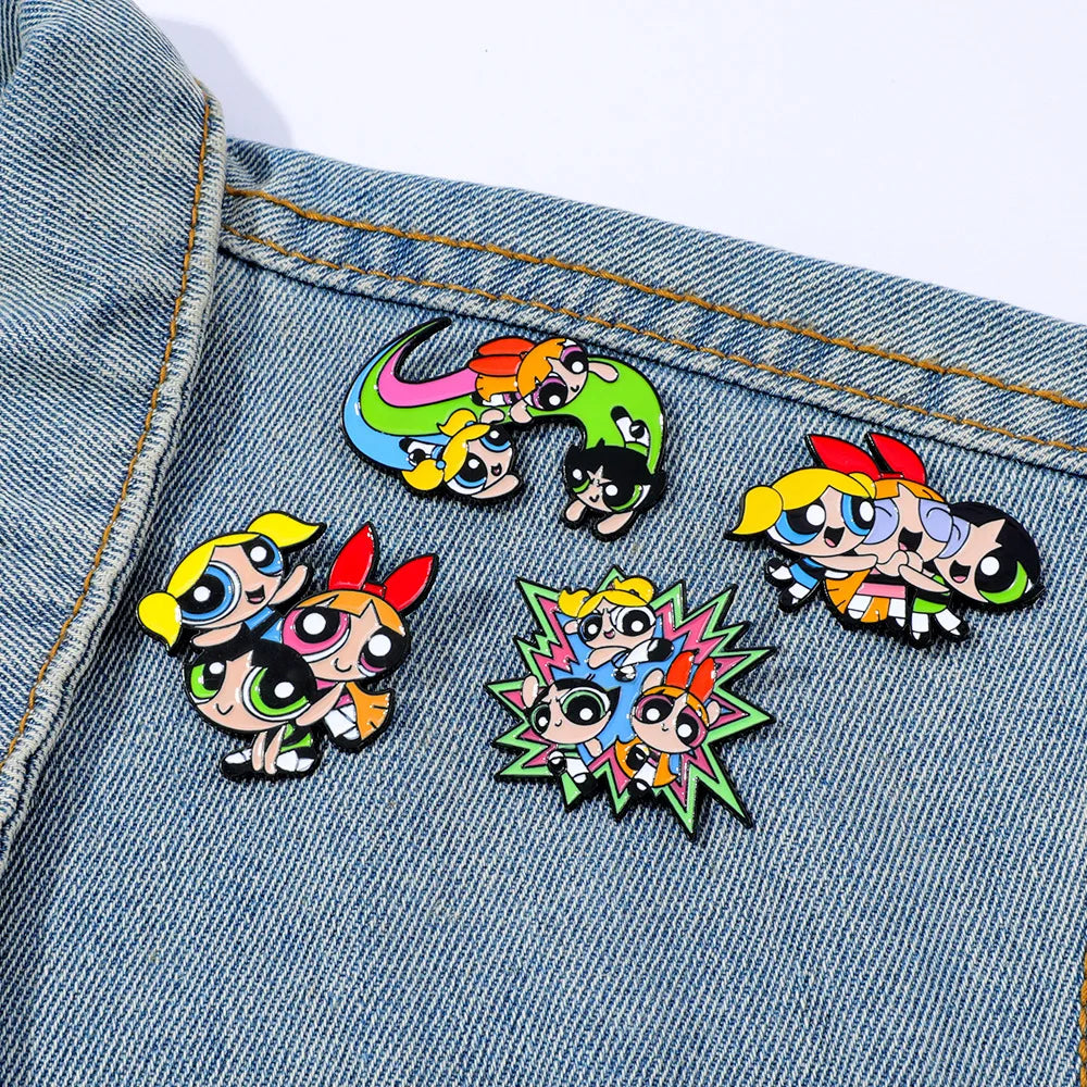 4-Piece Blossom and Bubbles Enamel Pin Set - Funny Cartoon Brooches for Backpacks, Clothing and Gifts
