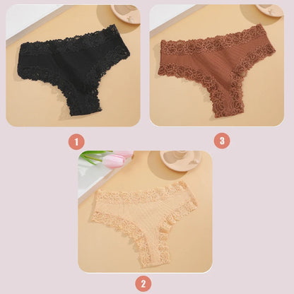 3PCS Lace Seamless Cotton Panties - Ribbed Brazilian Low Waist, Breathable Women’s Underwear, Plus Size Lingerie
