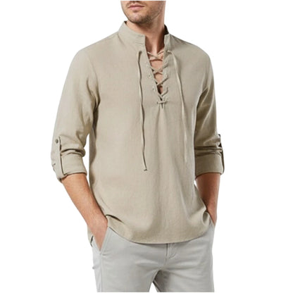 Men's Retro Linen Lace-Up Shirt - Long Sleeve Stand Collar Medieval Pirate Viking Renaissance Casual Top