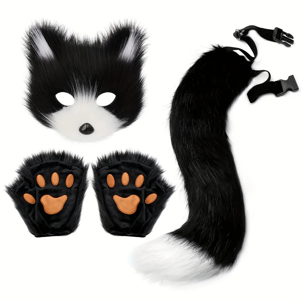 5pcs Fluffy Fur Fox Tail & Cat Paws Gloves Set — Wolf Mask Halloween Cosplay Costume Accessories for Theme Party Dress-Up