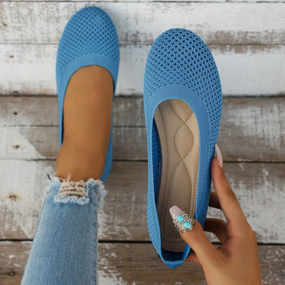 Women’s Round Toe Flat Shoes – Solid Color Knitted Slip-On Ballet Flats, Casual & Breathable Loafers