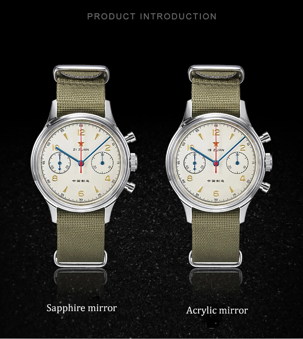 RED STAR 1963 Men's Chronograph Watch - 38mm Pilot Design with Seagull ST1901 Movement & Sapphire Glass