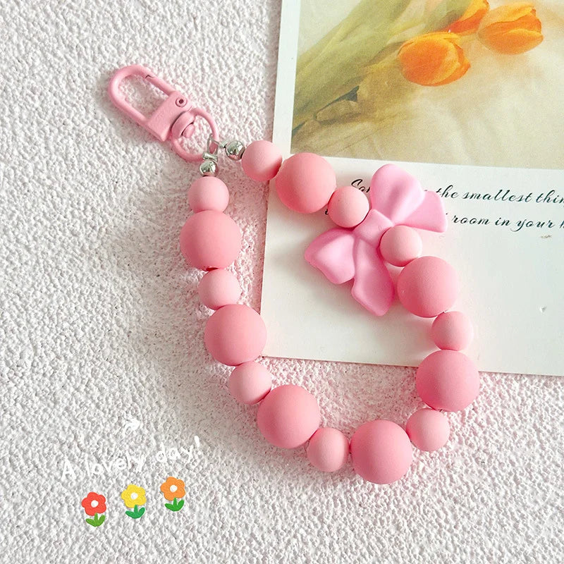 Pink Pearl Bow Keychain — Mobile Phone & Earphone Bag Accessory, Anti-Lost Rope, Car & Backpack Pendant