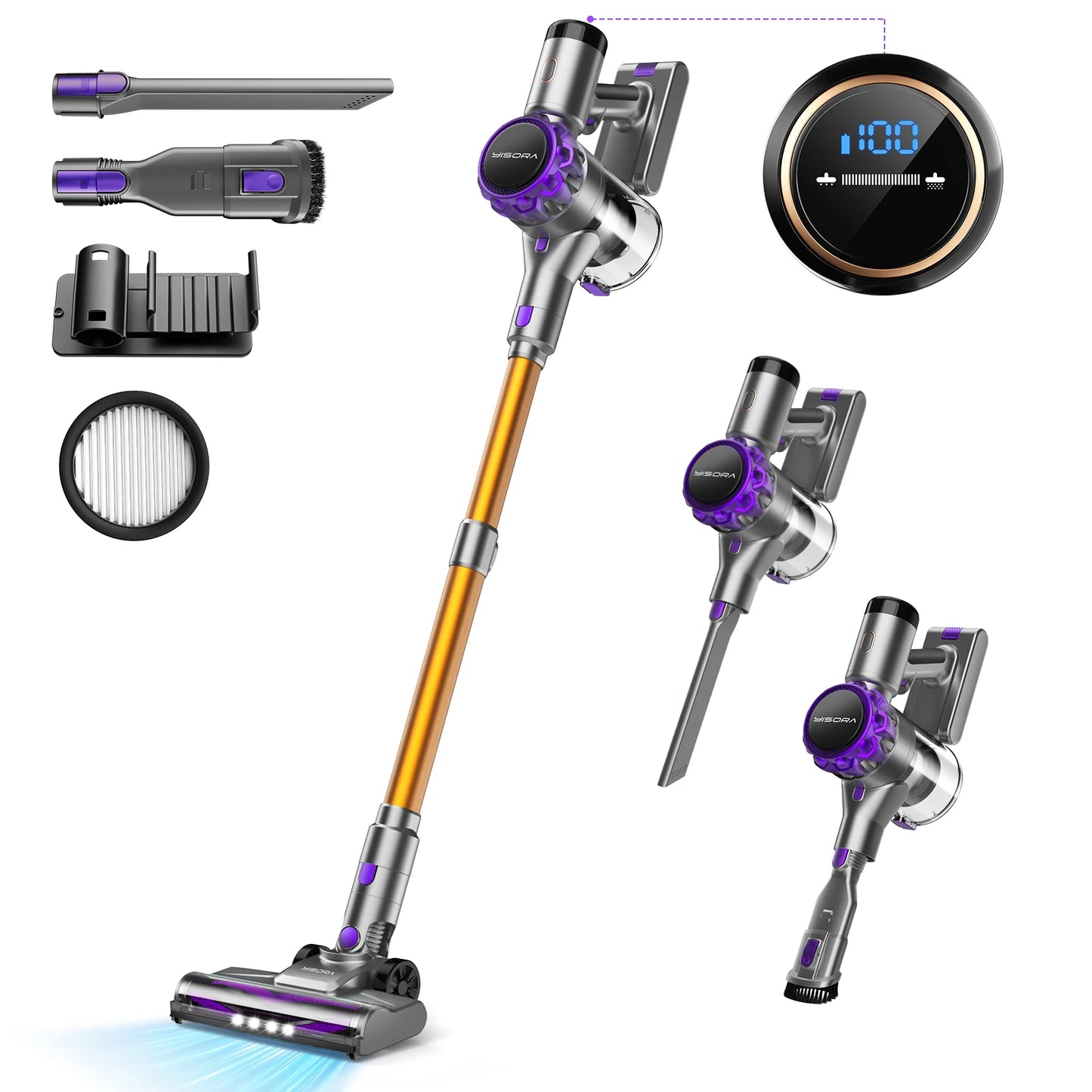 YISORA Cordless Vacuum Cleaner – 28Kpa Suction, 55 Min Runtime, Wireless with Touchscreen for Pet Hair & Carpet Cleaning