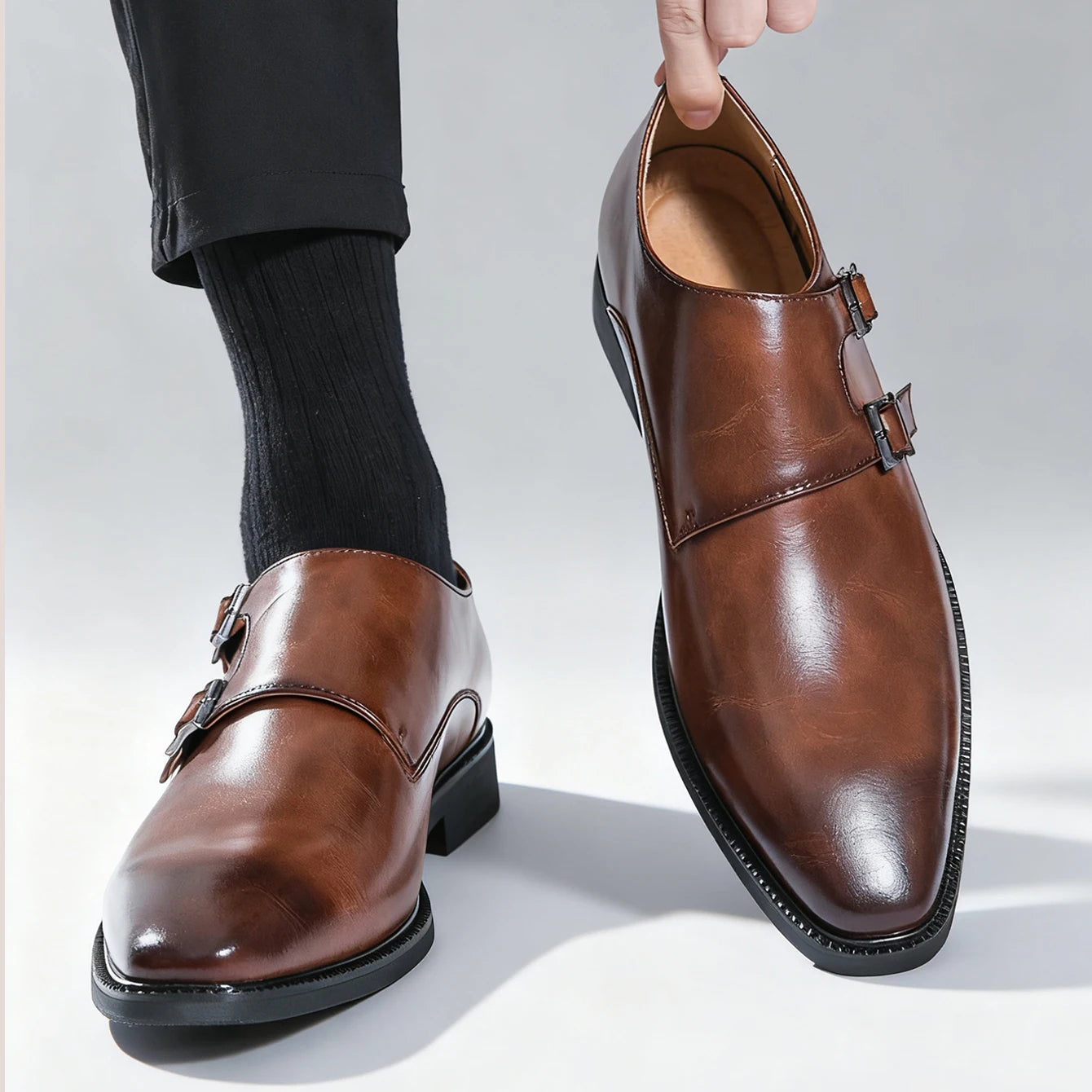 Men’s Retro Monk Strap Dress Shoes - Pointed Toe Leather Oxfords for Business, Office & Wedding