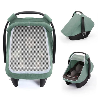 Baby Car Seat Cover – Breathable Muslin Cotton Canopy with Mesh Window, Infant Stroller Sun Shade & Carrier Protection Cover