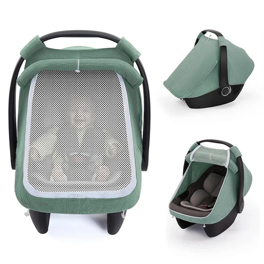 Baby Car Seat Cover – Breathable Muslin Cotton Canopy with Mesh Window, Infant Stroller Sun Shade & Carrier Protection Cover