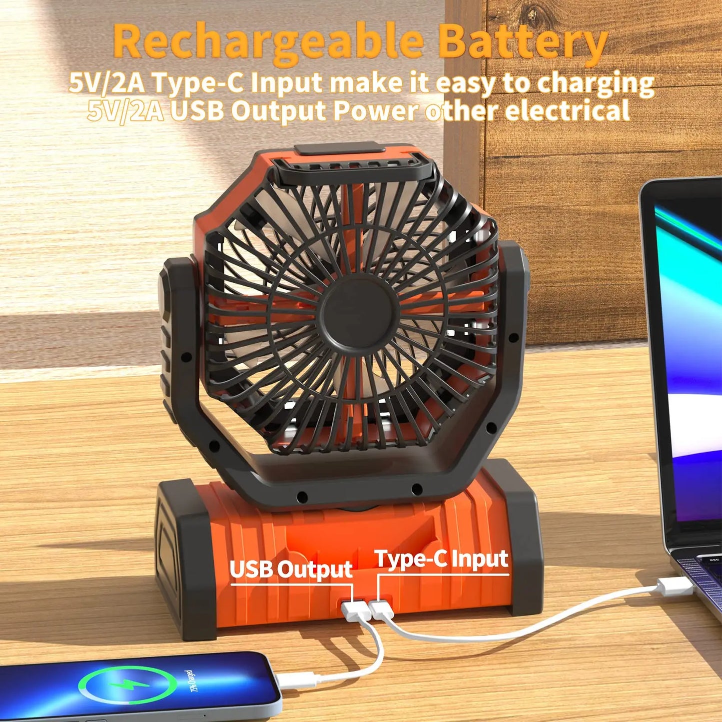 20000mAh / 10000mAh USB Rechargeable Camping Fan — Portable Wireless Air Circulator with 270° Rotating Head & Hook