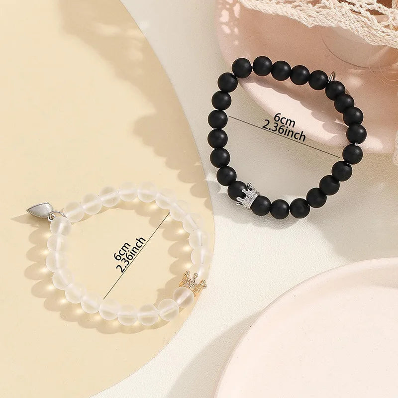 Handmade Crown Beaded Charms Bracelet Set - Luminous Heart Glow In The Dark Couple Bracelet for Men Women - Fluorescent Gift (2pcs)