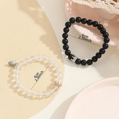 Handmade Crown Beaded Charms Bracelet Set - Luminous Heart Glow In The Dark Couple Bracelet for Men Women - Fluorescent Gift (2pcs)