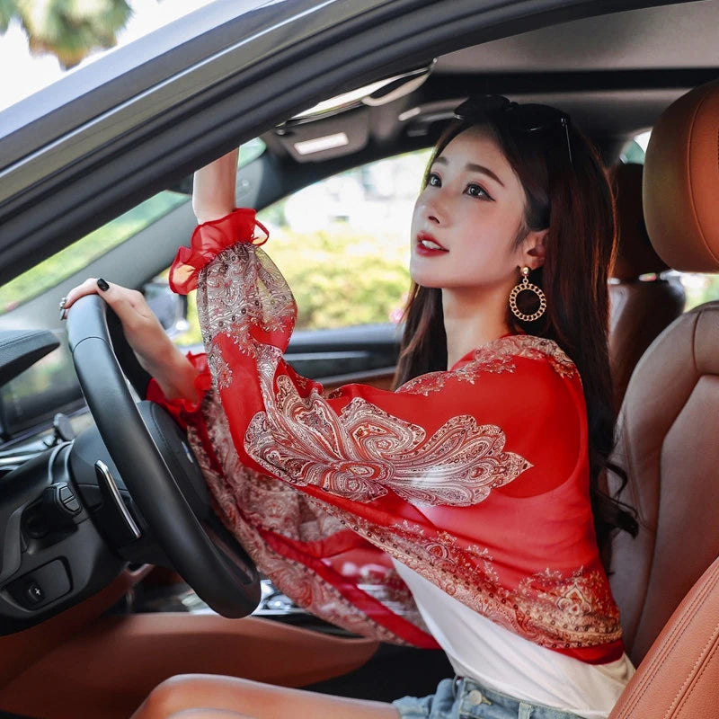 Women’s Summer Sun Protection Chiffon Shawl – Floral Print Beach Scarf Arm Sleeves UV Protection for Outdoor Cycling & Driving Accessories