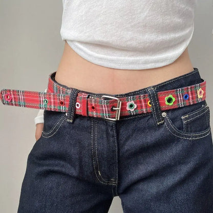 Y2K Red Plaid Adjustable Waist Belt with Pin Buckle – Punk Style Cute Fashion Waistband for Women