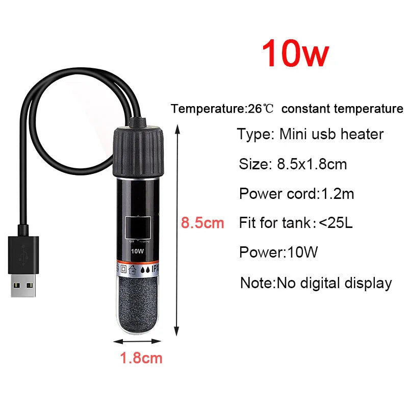 USB Mini Aquarium Heating Rod – 10W Submersible Thermostat Heater for Small Fish Tanks, 26°C Constant Temperature