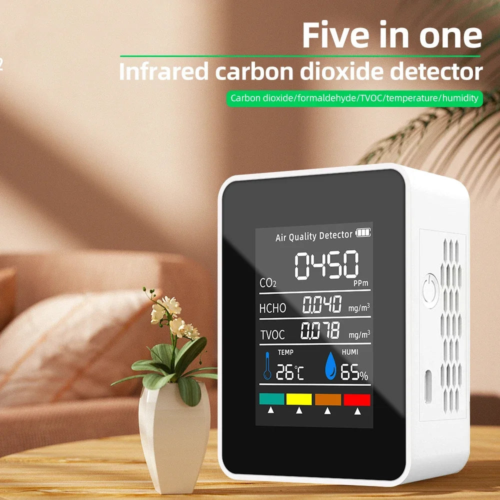 5-in-1 Digital Air Quality Monitor – CO2, HCHO, TVOC, Humidity & Temperature Tester with LCD and Rechargeable Battery