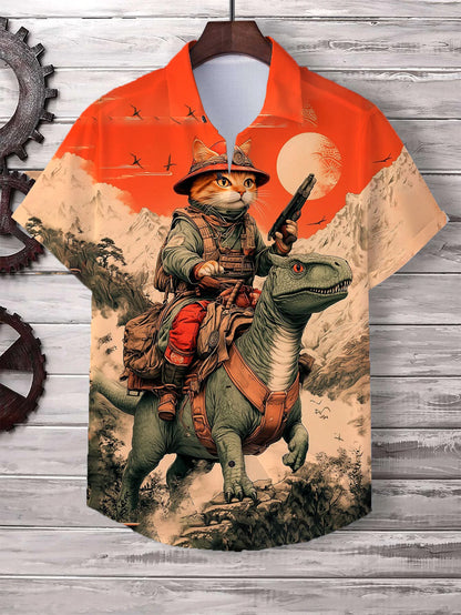 Men’s Cat Graphic Button Down Shirt - Oversized Short Sleeve Summer Hawaiian Vacation Top
