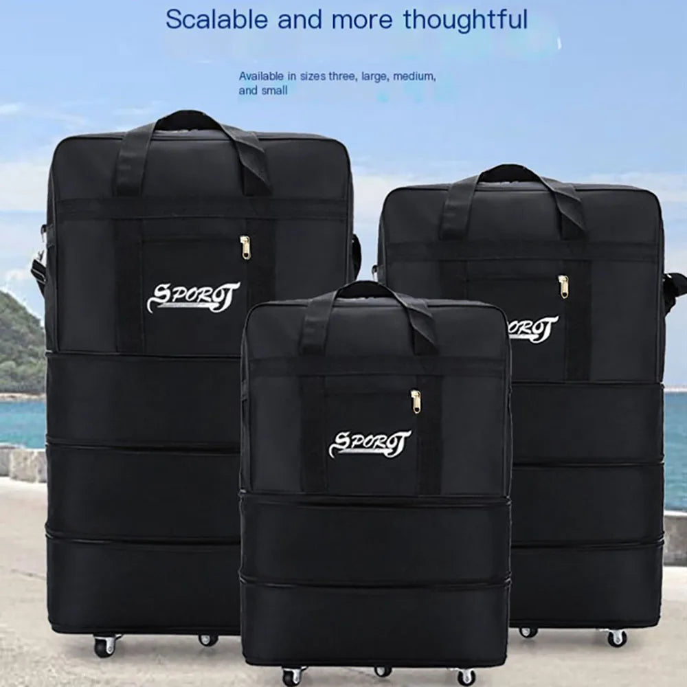 Foldable Trolley Travel Bag with Wheels – Expandable Black Luggage for Men & Women, Ideal for Weekend Trips & Overnight Travel